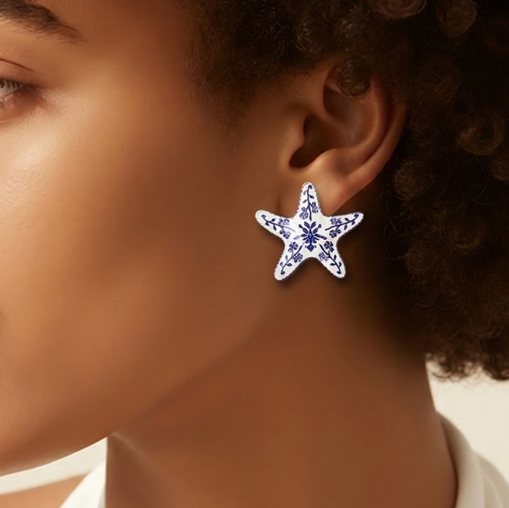 Blue White Starfish Stud Earrings Ocean Bloom Porcelain Style Coastal Cruise
